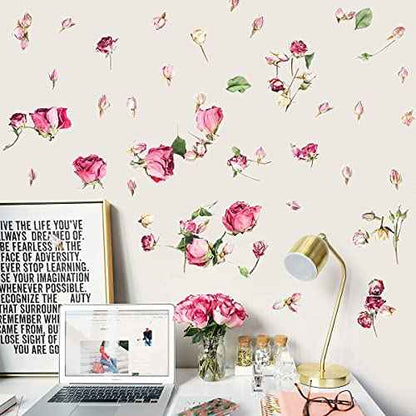 Removable 3D Falling Rose Wall Decals DIY Flower Petals Wall Stickers Peel and Stick Floral Wall Decals Decor Art for Girls Bedroom Living Room Furniture Decorations