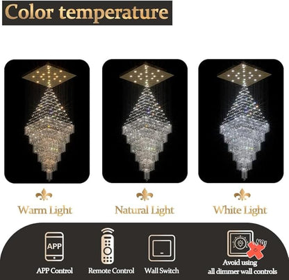 Flashing God D48''X H120'' Extra Large Chandeliers for High Ceilings Square Crystal Raindrop Gold Chandeliers Large Villa Chandelier Entrance Foyer Ceiling Light LED Dimmable 2700K-6000K