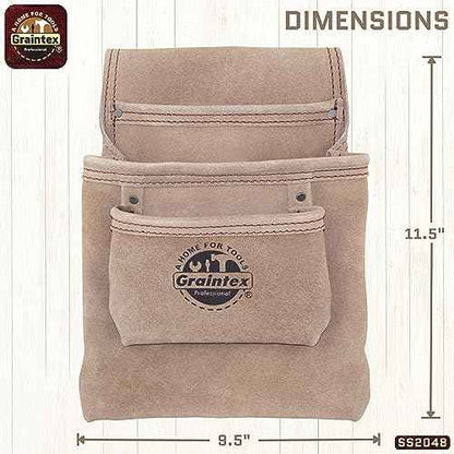 Graintex SS2048 3 Pocket Nail & Tool Pouch Beige Color Suede Leather for Constructors, Electricians, Plumbers, Handymen