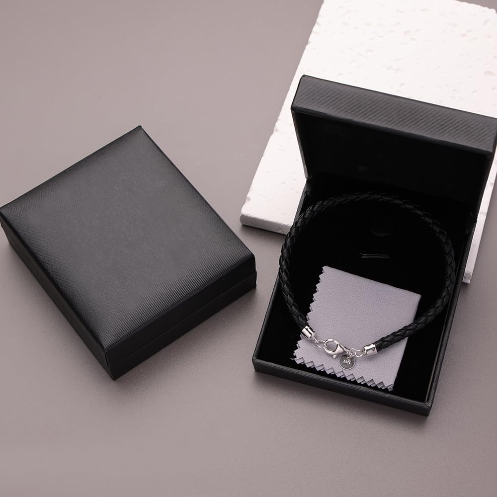 JEVINDA Leather Bracelet for Men Women 4MM Braided 925 silver Clasp 20/21cm with Jewelry Gift Box Handcrafted (Black, 8.2'')