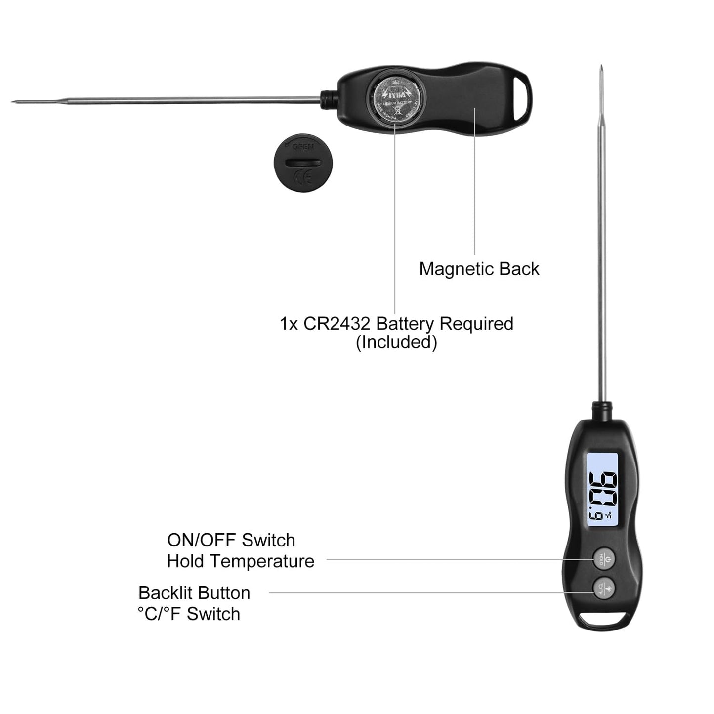 Digital Meat Thermometer Backlight,Waterproof Instant Read Food Thermometer for Cooking Grilling BBQ Baking Liquids Beef Turkey (Black)