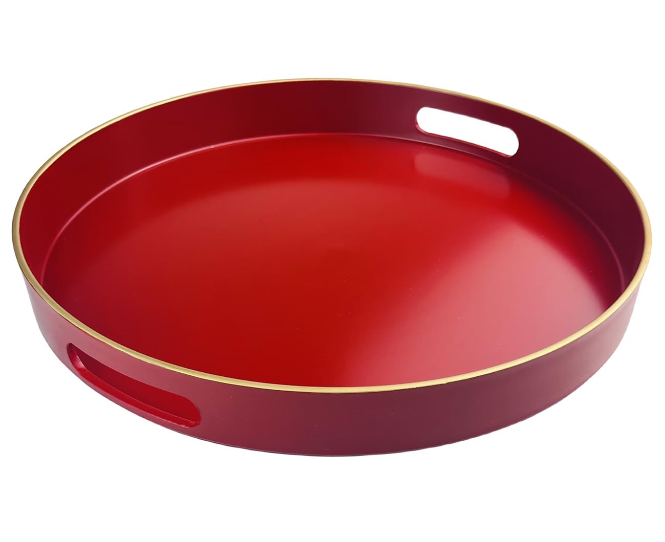 UOEKCS Red Decorative Tray, Serving Tray with Handles, Round Decorative Tray for Coffee Table, 13 Inch Plastic Tray for Ottoman, Living Room, Bathroom, Home Decor.