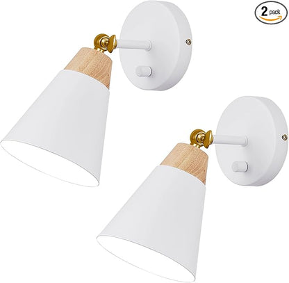 Wall Sconce Set of 2, Wall Sconce Lighting Fixture with Metal Shade, Rotary Switch, Indoor Decor Wall Mount Swing Arm Lamp for Bedroom,Hallway,Living Room,Reading, White