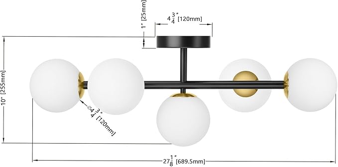 Mid Century Modern Bathroom Vanity Lights, 5-Light Bathroom Light Fixtures Black and Gold Bathroom Lights Semi-Flush Mount Ceiling Light, Wall Sconces Wall Light with Globe Frosted Milk Glass, G9 Base