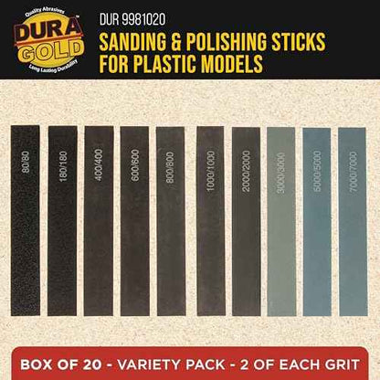 Dura-Gold Sanding Sticks and Polishing Sticks for Plastic Models, Pack of 20-2 Each of 10 Grits, Coarse 80 to Ultra-Fine 7000 Grit, Classic Style - Sand Wood, Metal, Auto Detailing, Hobby Sandpaper