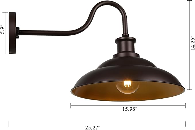 Outdoor Gooseneck Barn Light Fixture, 16 Inch Dome Large Wall Sconce, Farmhouse Exterior Wall Mount Light for House Garage Patio Doorway, Oil Rubbed Bronze, 1 Pack