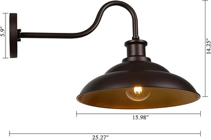Outdoor Gooseneck Barn Light Fixture, 16 Inch Dome Large Wall Sconce, Farmhouse Exterior Wall Mount Light for House Garage Patio Doorway, Oil Rubbed Bronze, 1 Pack