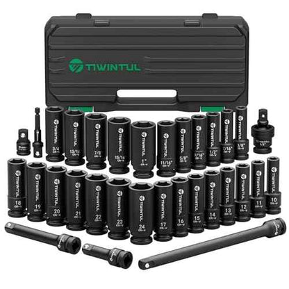 1/2" Drive Impact Socket Set, 32-Piece, SAE 3/8"-1" & Metric 10-24mm, CR-V Steel Deep Lug Nut Sockets Set with 3", 5" & 10" Extensions Bar, Joint & Adapter, Storage Case for Automotive Reapir
