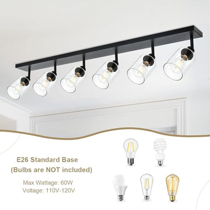 VINLUZ 6 Light Multi-Directional Rotating Metal Ceiling Spotlight with Adjustable Track Heads Classic Bathroom Vanity Wall Lighting with Clear Shade in Black Finish