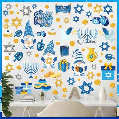 ReliThick 78 Pcs Hanukkah Wall Decals Hanukkah Decor Blue White Gold Menorah Star Gnome Stickers Chanukah Party Decor Jewish Decoration for Living Room Bedroom Nursery Wall Decoration