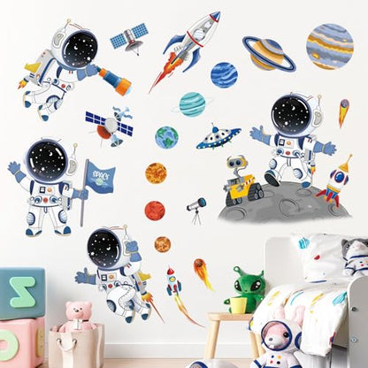 decalmile Outer Space Astronaut Wall Decals Rocket Universe Space Planets Wall Stickers Baby Nursery Boys Bedroom Playroom Wall Decor