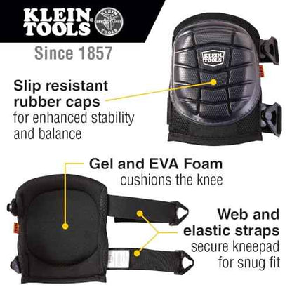 Klein Tools 60184 Knee Pads, Lightweight Gel Knee Pads with Slip Resistant Rubber Caps and Adjustable Straps, Great for Construction, Black