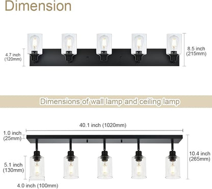 VINLUZ 5 Light Black Bathroom Spotlight Fixture with Rotatable Light Head Indoor Vanity Lighting with Clear Glass Shade Metal Ceiling Mount Fixture