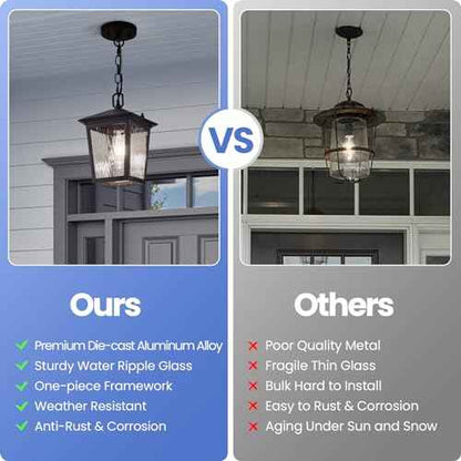 Outdoor Pendant Light, Black Outdoor Porch Light fixtures with Anti-Rust, Exterior Hanging Lantern, Height Adjustable Outside Chandelier with Water Glass for House Patio Garage