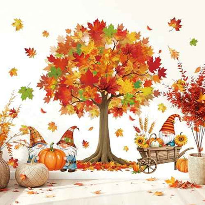 Fall Wall Stickers Maple Tree Leaves Gnome Wall Stickers Peel and Stick Large Room Mural Decals for Autumn Harvest Thanksgiving Party Home Nursery Bedroom Decor