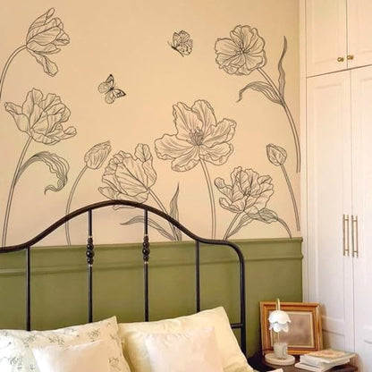 Creative 3D Black Flower Wall Decals Boho 8 Tulip Flowers Wall Stickers DIY Peel and Stick Sketch Simple Line Garden Floral Plants Wall Decor for Kids Girls Bedroom Living Room Nursery Decoration