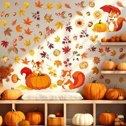 107 Pcs 6 Sheets Thanksgiving Fall Leaves Wall Decals Squirrel Acorn Pumpkin Autumn Wall Decals Peel and Stick Removable Wallpaper Thanksgiving Stickers for Window Living Room Home