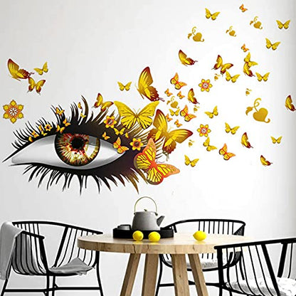 Creative Beautiful Girl Eyes Wall Sticker, Flying Butterfly Wall Decals, Girl Long Eyelashes Heart D?cor, DIY Art Vinyl Mural for Couple Lovers Girls Bedroom Living Room Decoration(Yellow)