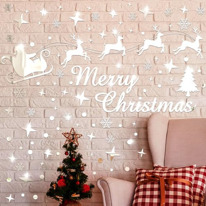Christmas Mirror Decals Stickers Merry Christmas Santa Claus Reindeer Snowflakes Window Mirror Clings Xmas Acrylic Wall Art Decals Decor for DIY Holiday Winter Party Home Window Decor