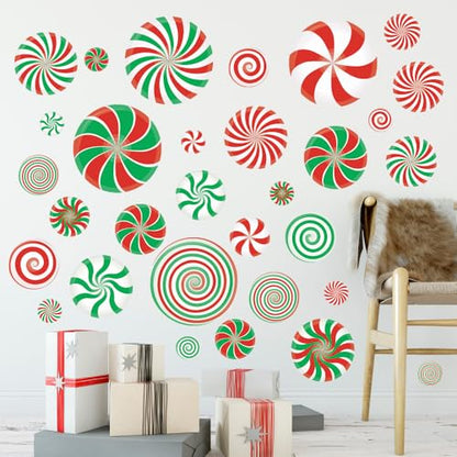 Christmas Holiday Decorations, Red and Green Swirl Candy Cane Peppermint PVC Wall Decals, 64 Pieces
