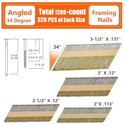 34-30 Degree Framing Nails 4 Sizes (2"+2-1/2"+3.0" Ring+3-1/2" Smooth), D Head Hot Dipped Galvanized Paper Tape Strip Nails, 320 PCS per Size, 1280 Count, for 30 to 34 Degree Framing Nailer