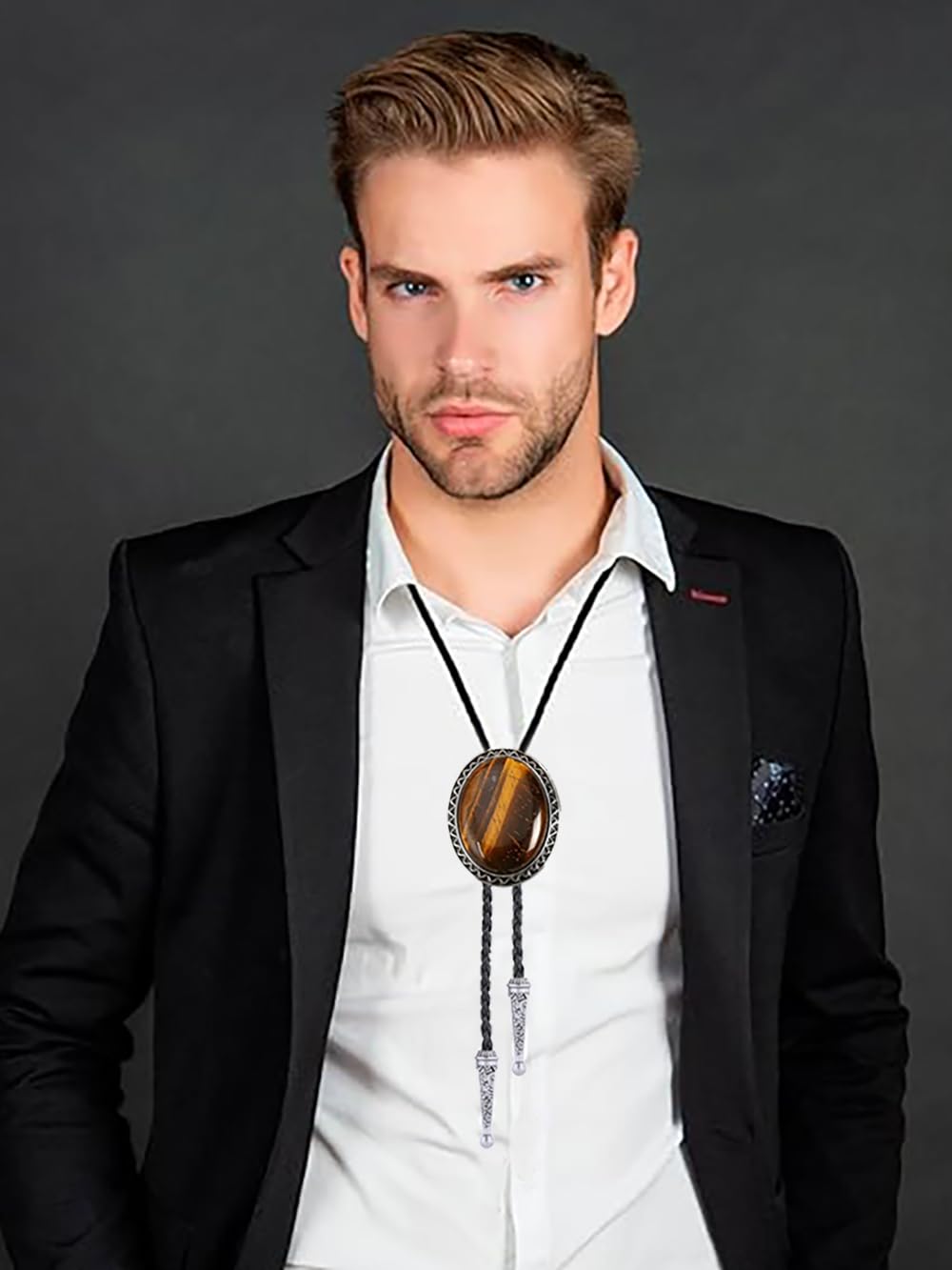 Jeilwiy Bolo Tie with Natural Tiger Eye Stone Western Bolo Ties for Men Native American Cowboy Necktie Bolo Necklace