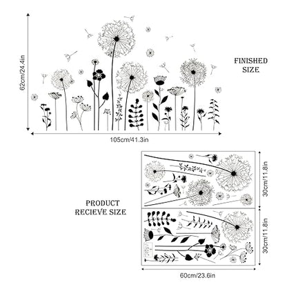 Supzone Black Dandelion Wall Stickers Attractive Flying Flower Butterfly Wall Decals Peel and Stick Creative Self Adhesive Wall Art Sticker for Bedroom Living Room Office Sofa Wall Decor