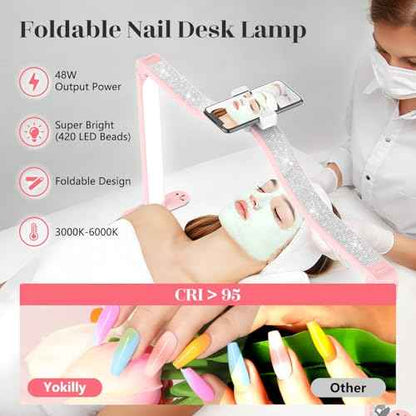 Yokilly Arc Half Moon Light: 34" Shadow-Free Half Moon Light for Desk Salon - Foldable LED Desk Lamp with Stepless Brightness for Manicurist (Pink)