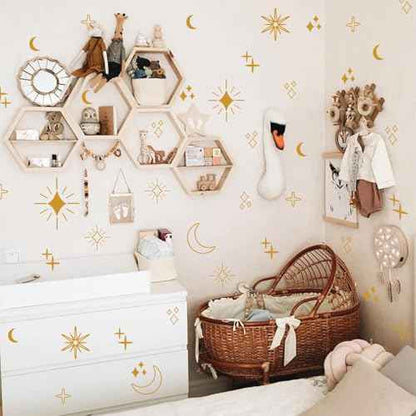 Large Gold Star Moon and Sun Wall Decal, Vinyl Starburst Wall Stickers Decor, Boho Wall Decals Peel and Stick for Kids Bedroom Home Nursery Classroom Decoration