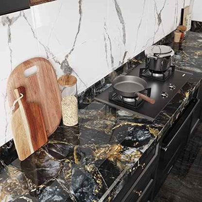 CRE8TIVE Glossy Slate Gold Marble Contact Paper Marble Wallpaper Peel and Stick Countertops for Kitchen Waterproof Self Adhesive Removable Marble Vinyl Paper for Counter Top Cabinets Shelves 12"x80"