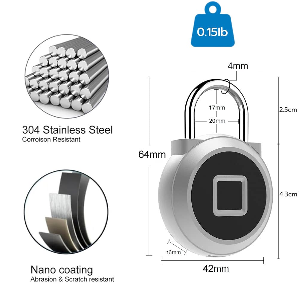 Gym Locker Padlock eLinkSmart Fingerprint Padlock Bluetooth App Authorized View Record Waterproof Security Keyless Smart Combination Lock for Outdoor Locker Backpack Gun Case Silver