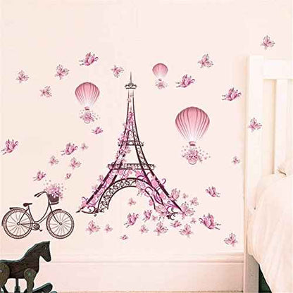 BIBITIME Romantic France Paris Eiffel Tower Wall Decals for Girls Room Flower Bike Butterflies Hot Air Balloon Vinyl Sticker Valentine's Day Wedding Couple Bedroom Home Art Mural DIY Peel and Stick