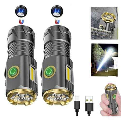 Rechargeable mini LED Flashlight, 9000 lumens Ultra Bright Small Flashlight, with Clip and Magnet, IPX6 Waterproof, 6 Modes, Suitable for Camping, Hiking, and Emergency situations (2-Piece Set)