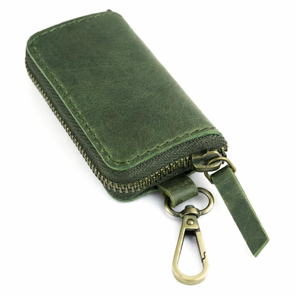 Handmade Full Grain Leather Car Key Holder & Zippered Coin Purse | Belt Loop Key Chain, Compact Earphone Holder Multi-Functional Money Purse Elegant Leather Accessory Versatile Key Organizer (Green)