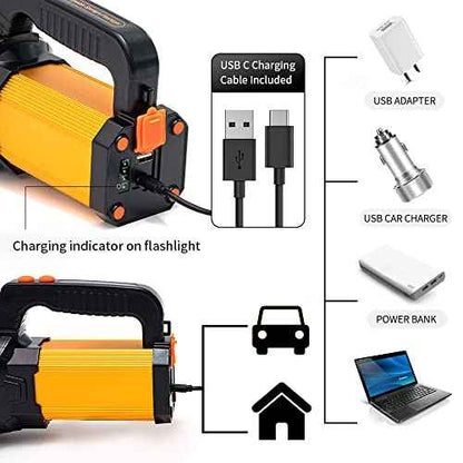 Powerful Led Flashlight High Lumens USB C Rechargeable,Super Bright Handheld Spotlight,Strong Metal Flashlight Large/Long Lasting/Lantern/Strap,High Powered Big Searchlight
