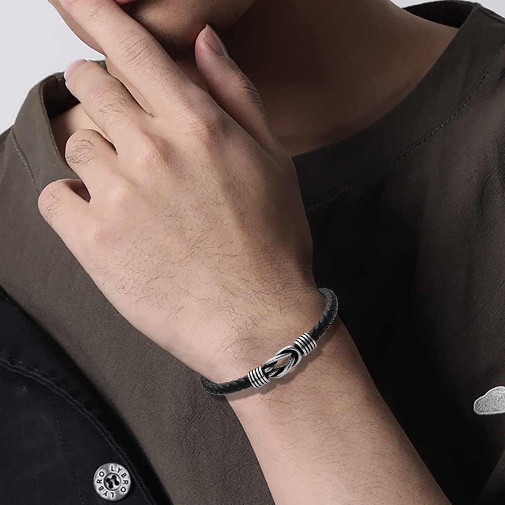 Geoffrey Beene Men's Braided Genuine Leather Knot Bracelet with Stainless Steel Closure (Black, 8.5")