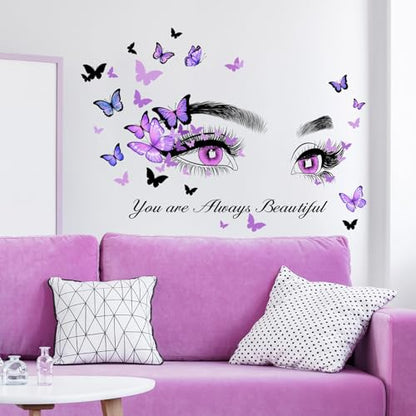Beautiful Eyelash Eyes Wall Stickers, Purple Flying Butterfly Peel and Stick Wall Decals, Bedroom Living Room Sofa TV Background Art Wall Decor