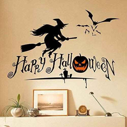 BooDecal Happy Halloween Wall Decals Stickers with Flying Witch and Bats Art Design for House Decorations Removable Halloween Series Wall Decals Stickers