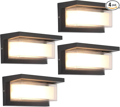 Outdoor Wall Lights, 24W LED 3 Color Exterior IP65 Outdoor Wall Lights Exterior, Porch Wall Sconce with Double Shade, Modern Matte Black Wall Lamps for Patio Front Door Entryway, 4-Pack
