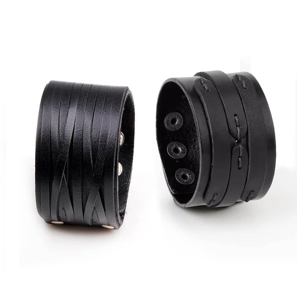 NIGHTCRUZ Punk Leather Cuff Bracelet, 2PCS Vintage Leather Wristband for Men Women