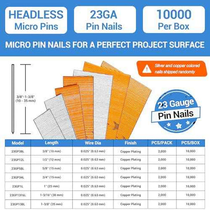 meite 23 Gauge Pin Nails, 3/8-Inch Micro Headless Piner Nails - Galvanized 23GA Pins Nails for Nail Gun, Ideal for Fine Woodworking and Trim Work (10,000 Counts)