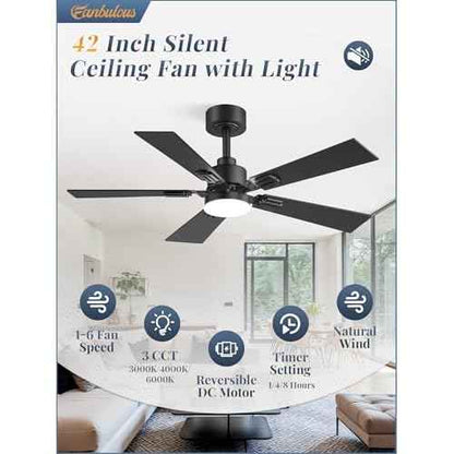 Fanbulous 42 Ceiling Fans with Lights and Remote, Modern Low Profile Ceiling Fans with Dimmable 3CCT Quiet DC Motor, Reversible Celing Fan with 6-Speeds Timer for Bedroom(Black)