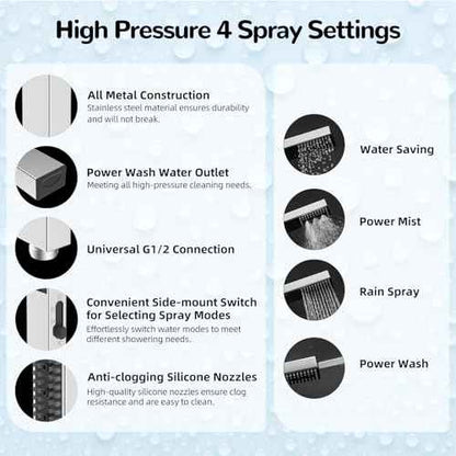 Hibbent All Metal 8'' Rainfall Shower Head, Square Shower Head Combo, High Pressure Handheld Shower Wand, 4 Sprays, 16'' Adjustable Arc-shaped Extension Arm, 71'' Hose, Showerhead Holder, Chrome