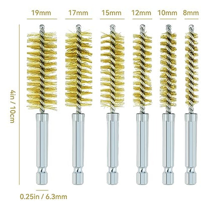 6 Pcs Brass Bore Brush Set with 1/4" Hex Shank Twisted Wire Bristles, Different Sizes (8, 10, 12, 15, 17, 19mm) for Bearing, Rust, Tube Cleaning