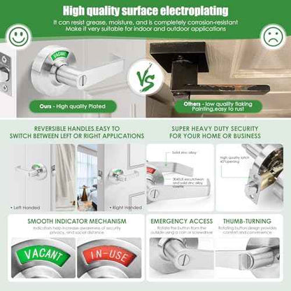 Privacy Keyless Door Handle Lock with in-Use Vacant Indicator for Men/Women Restrooms,Commercial Grade,Vacancy Occupied Sign Bathroom Lever Door Lock,Perfect for Public Washrooms,Satin Nickel