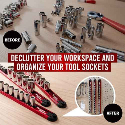 Precision Defined Aluminum Tool Socket Holder 3-Piece Set | Red, 1/4-Inch x 16 Clips, 3/8-Inch x 16 Clips, 1/2-Inch x 14 Clips | 360 Rotation - Heavy Duty Socket Rails Organizer, Socket Storage