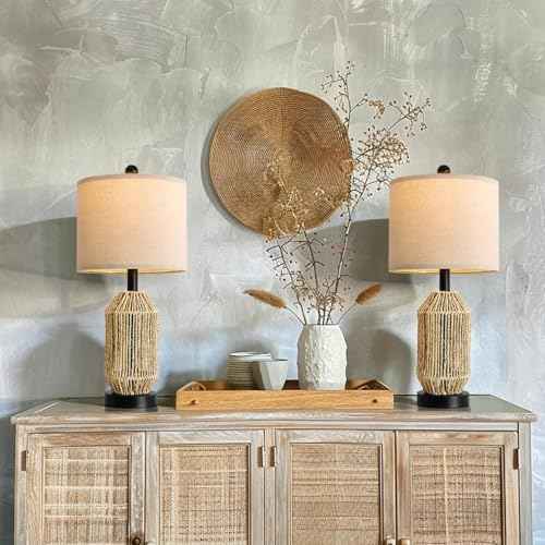 OYEARS 21" Boho Table Lamps Set of 2 for Living Room, Bedside Lamps for Nightstand, Rattan Lamp for Bedroom, Farmhouse Table Lamps for Boho Decor, End Table, Retro, Black