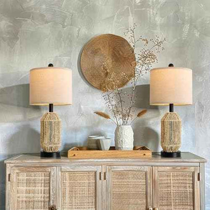 OYEARS 21" Boho Table Lamps Set of 2 for Living Room, Bedside Lamps for Nightstand, Rattan Lamp for Bedroom, Farmhouse Table Lamps for Boho Decor, End Table, Retro, Black