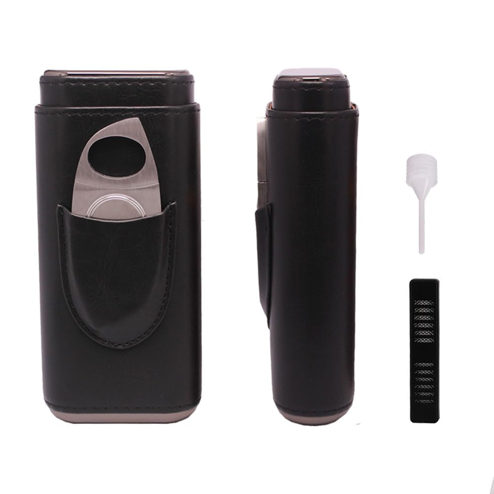 AMANCY Soft Leather Cigar Case - Travel Humidor Accessories with Cutter and Small Humidifier - 3-Finger Portable Cigar Carrying Case, Black