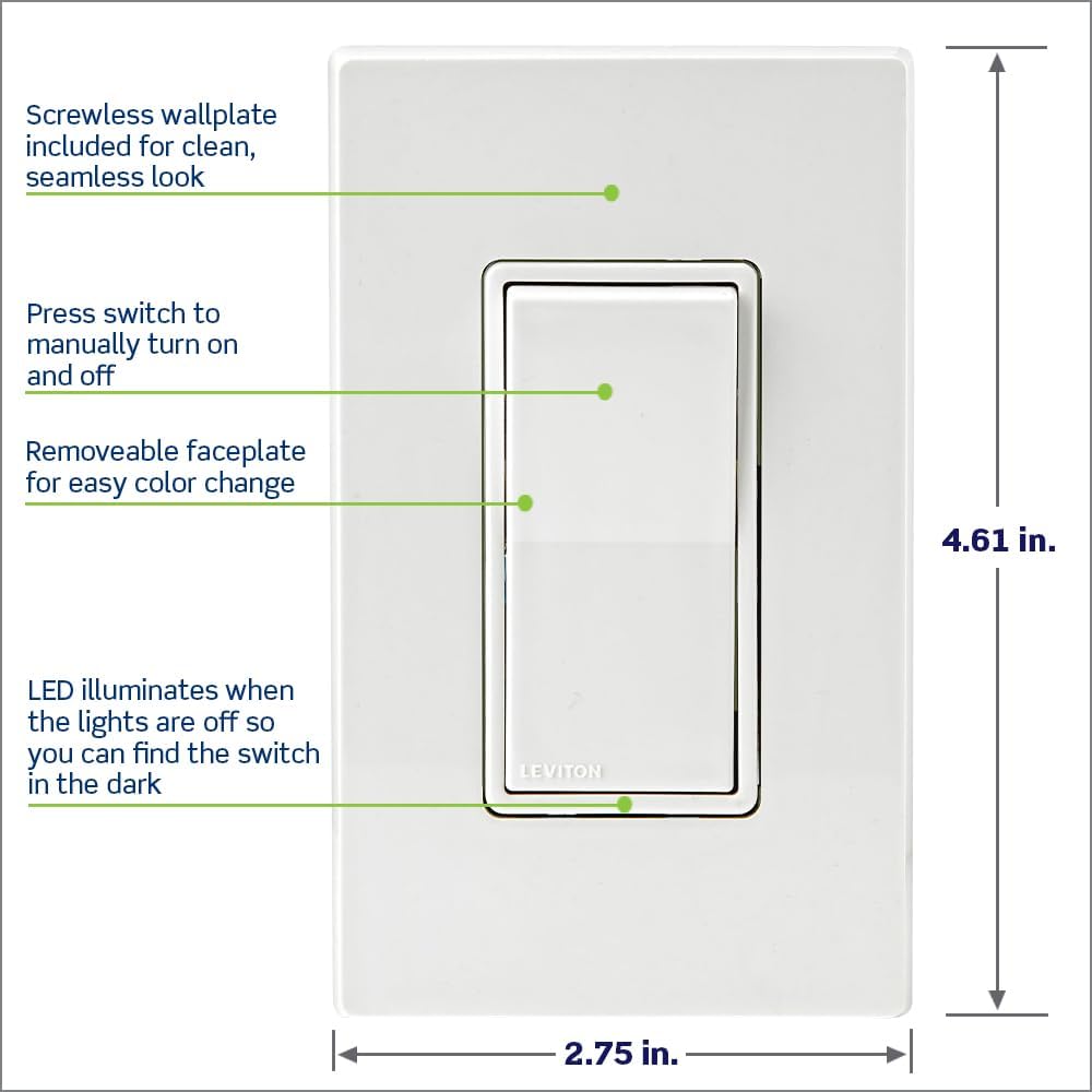 Leviton Decora Smart Switch, Wi-Fi 2nd Gen, Neutral Wire Required, Works with Matter, My Leviton, Alexa, Google Assistant, Apple Home/Siri & Wired or Wire-Free 3-Way, D215S-2RW, White